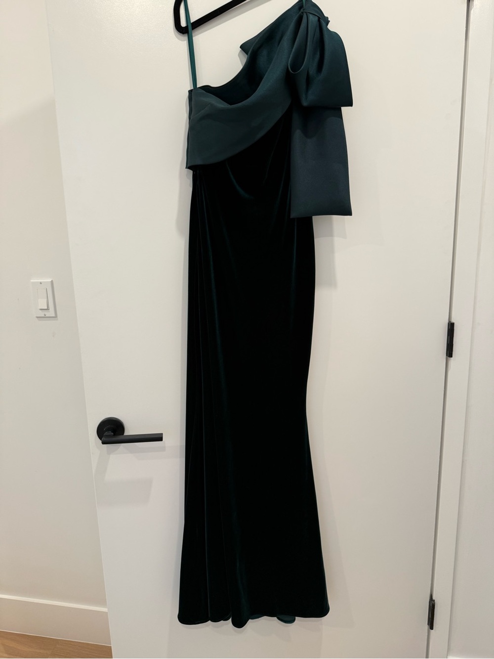 Aqua gown One-Shoulder Velvet Gown with Dramatic Bow - Deep Green